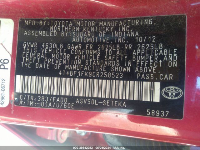 Photo 8 VIN: 4T4BF1FK9CR258523 - TOYOTA CAMRY 