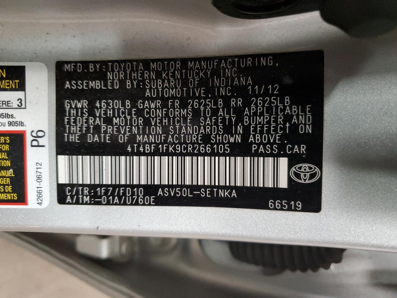 Photo 11 VIN: 4T4BF1FK9CR266105 - TOYOTA CAMRY 