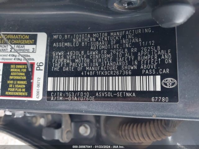 Photo 8 VIN: 4T4BF1FK9CR267366 - TOYOTA CAMRY 