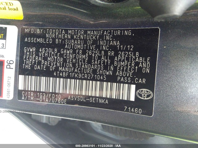 Photo 8 VIN: 4T4BF1FK9CR271045 - TOYOTA CAMRY 