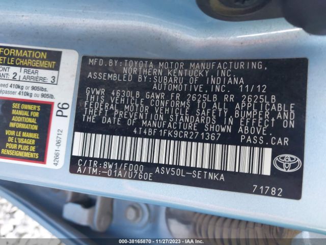 Photo 8 VIN: 4T4BF1FK9CR271367 - TOYOTA CAMRY 