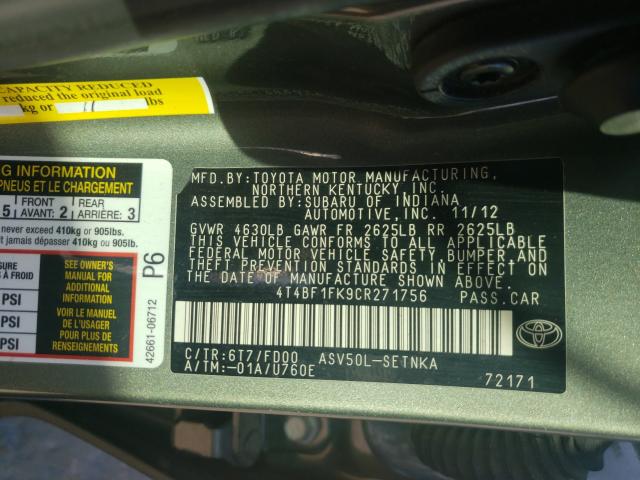 Photo 9 VIN: 4T4BF1FK9CR271756 - TOYOTA CAMRY BASE 