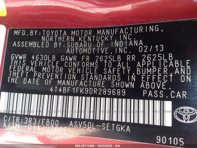 Photo 8 VIN: 4T4BF1FK9DR289689 - TOYOTA CAMRY 