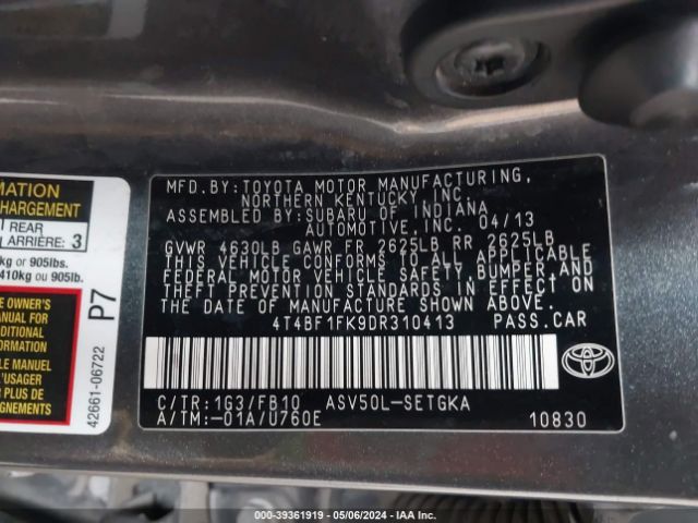 Photo 8 VIN: 4T4BF1FK9DR310413 - TOYOTA CAMRY 