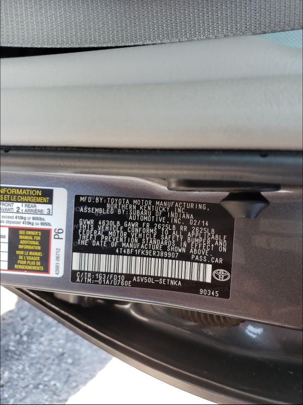 Photo 9 VIN: 4T4BF1FK9ER389907 - TOYOTA CAMRY L 