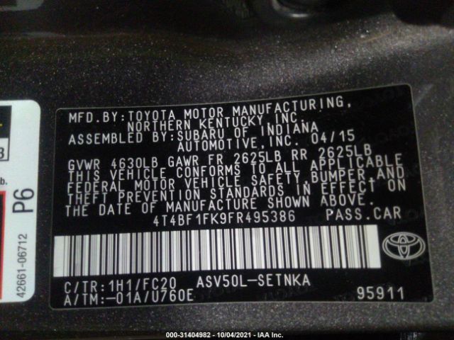 Photo 8 VIN: 4T4BF1FK9FR495386 - TOYOTA CAMRY 