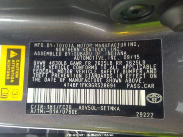 Photo 8 VIN: 4T4BF1FK9GR528694 - TOYOTA CAMRY 