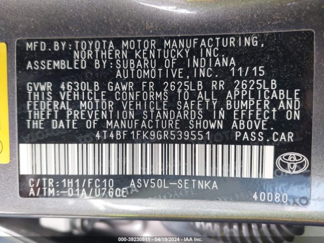 Photo 8 VIN: 4T4BF1FK9GR539551 - TOYOTA CAMRY 