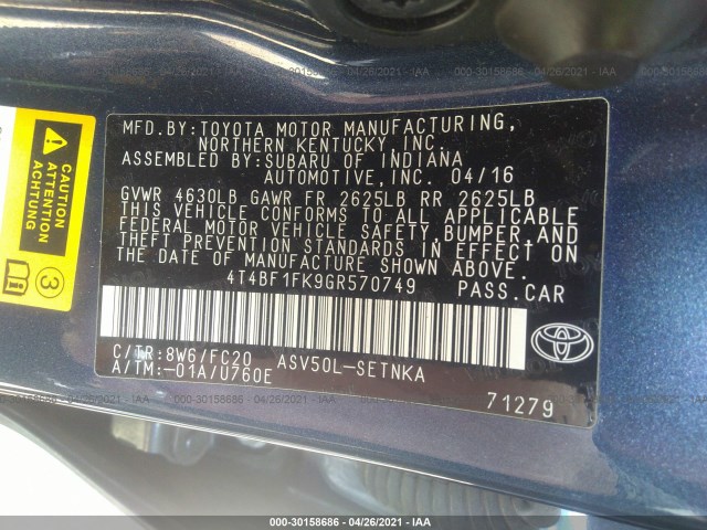 Photo 8 VIN: 4T4BF1FK9GR570749 - TOYOTA CAMRY 