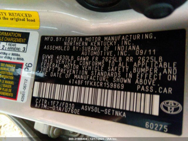 Photo 8 VIN: 4T4BF1FKXCR159869 - TOYOTA CAMRY 