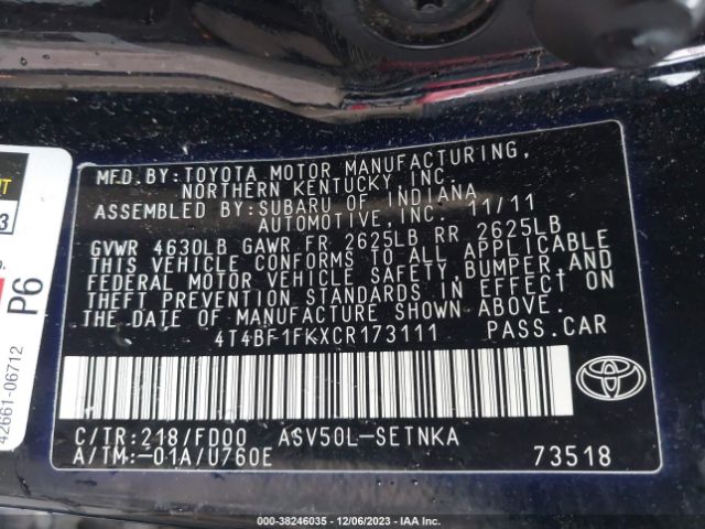 Photo 8 VIN: 4T4BF1FKXCR173111 - TOYOTA CAMRY 