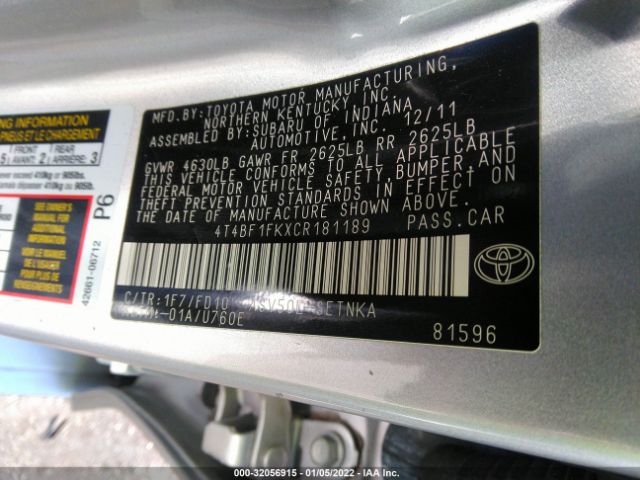 Photo 8 VIN: 4T4BF1FKXCR181189 - TOYOTA CAMRY 