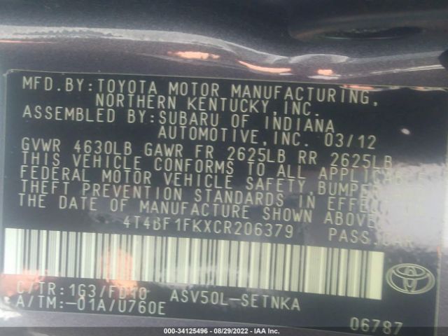 Photo 8 VIN: 4T4BF1FKXCR206379 - TOYOTA CAMRY 