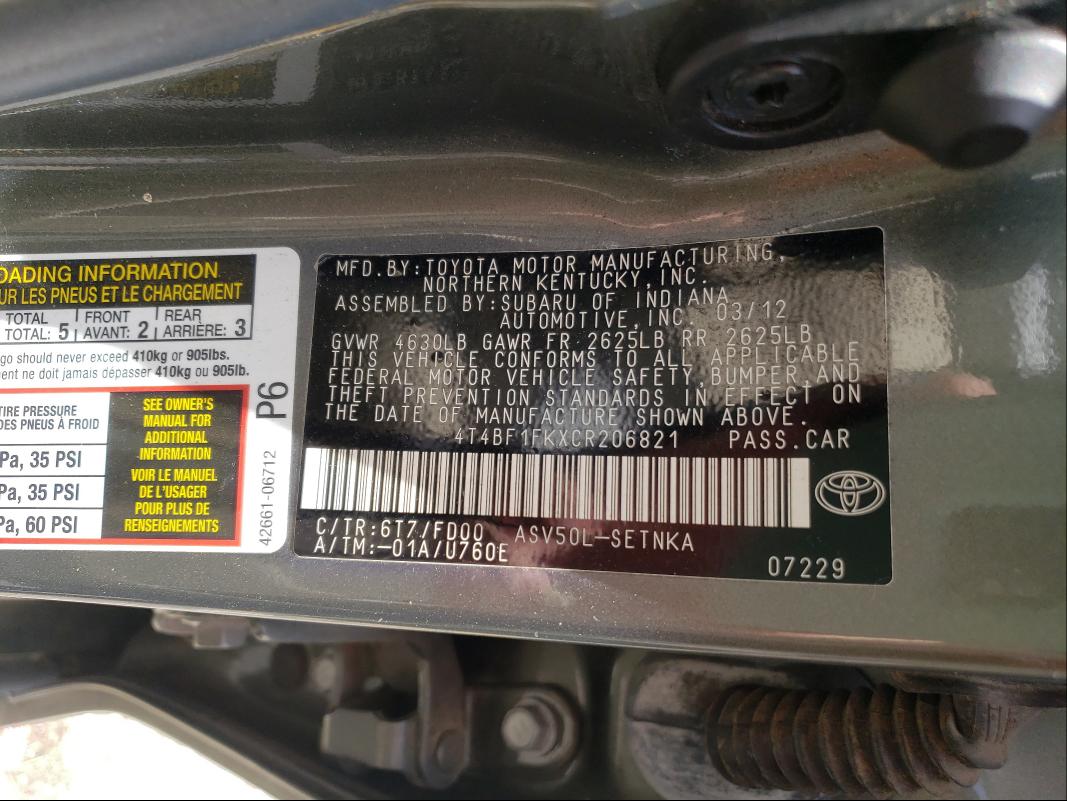 Photo 9 VIN: 4T4BF1FKXCR206821 - TOYOTA CAMRY BASE 