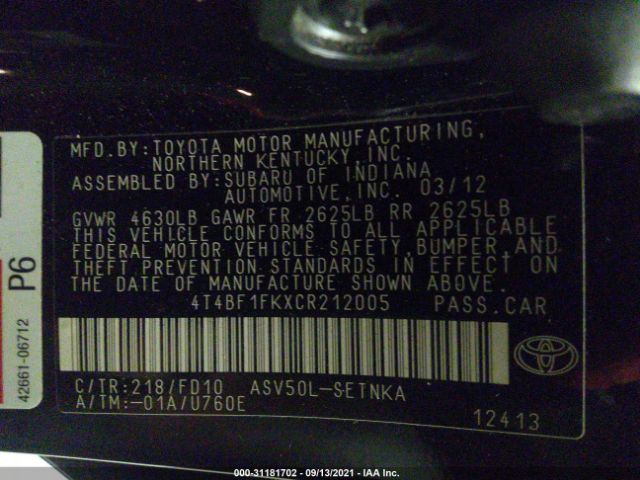 Photo 8 VIN: 4T4BF1FKXCR212005 - TOYOTA CAMRY 