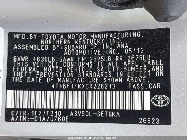 Photo 8 VIN: 4T4BF1FKXCR226213 - TOYOTA CAMRY 