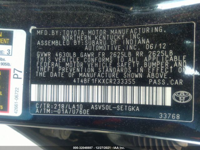 Photo 8 VIN: 4T4BF1FKXCR233355 - TOYOTA CAMRY 