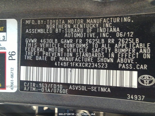 Photo 8 VIN: 4T4BF1FKXCR234523 - TOYOTA CAMRY 