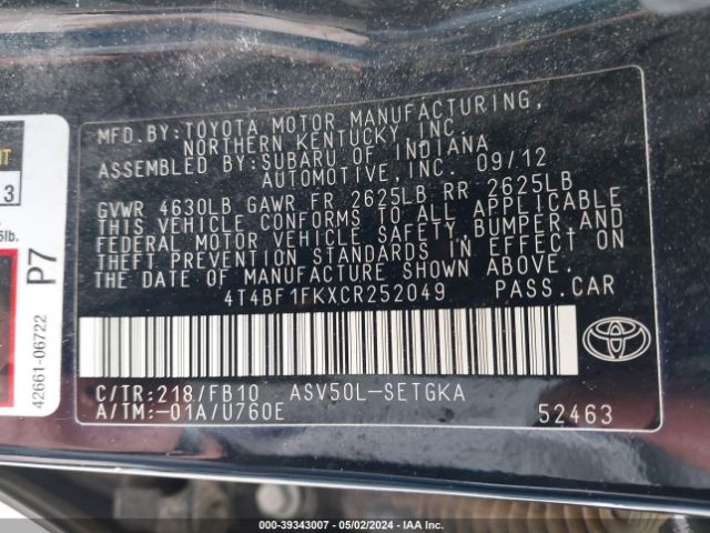 Photo 8 VIN: 4T4BF1FKXCR252049 - TOYOTA CAMRY 