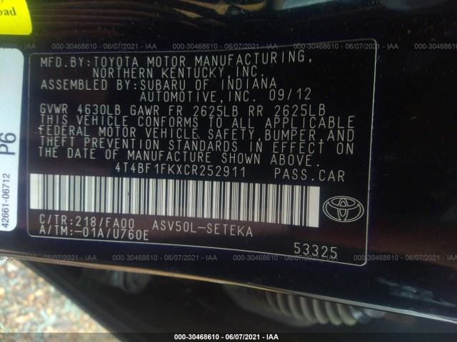 Photo 8 VIN: 4T4BF1FKXCR252911 - TOYOTA CAMRY 