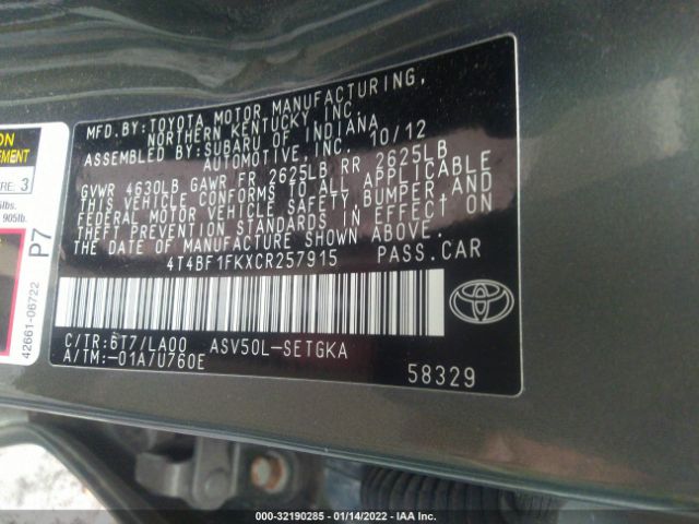 Photo 8 VIN: 4T4BF1FKXCR257915 - TOYOTA CAMRY 