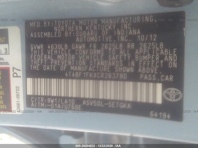 Photo 8 VIN: 4T4BF1FKXCR263780 - TOYOTA CAMRY 