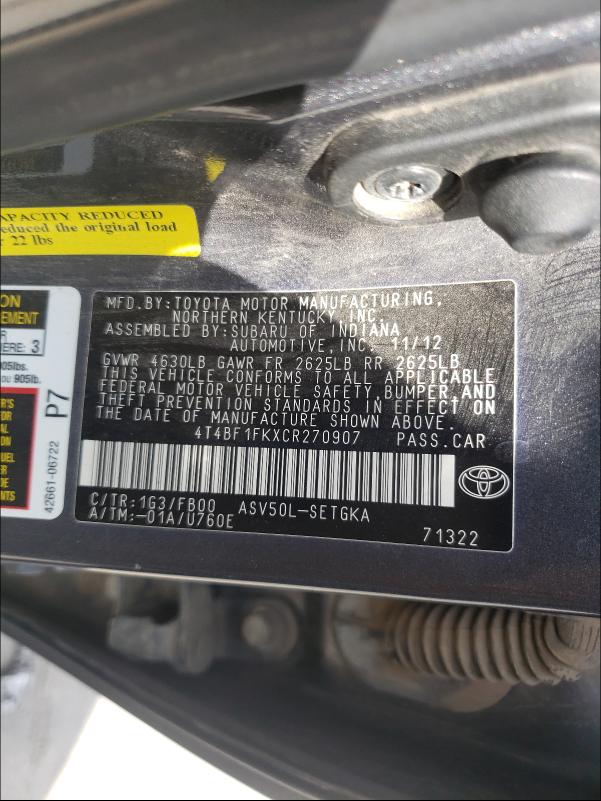 Photo 9 VIN: 4T4BF1FKXCR270907 - TOYOTA CAMRY BASE 