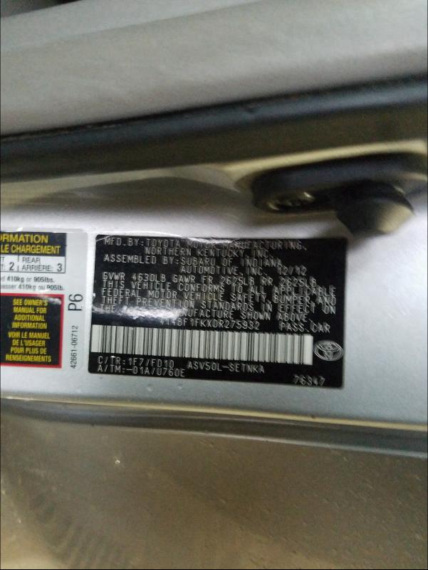 Photo 9 VIN: 4T4BF1FKXDR275932 - TOYOTA CAMRY L 