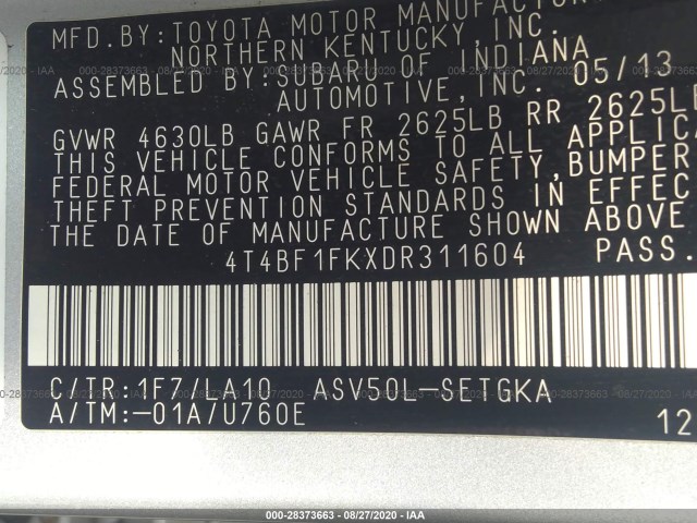 Photo 8 VIN: 4T4BF1FKXDR311604 - TOYOTA CAMRY 