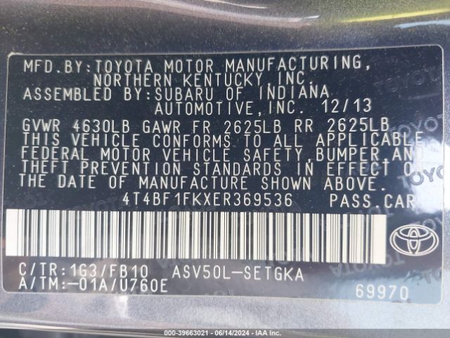 Photo 8 VIN: 4T4BF1FKXER369536 - TOYOTA CAMRY 