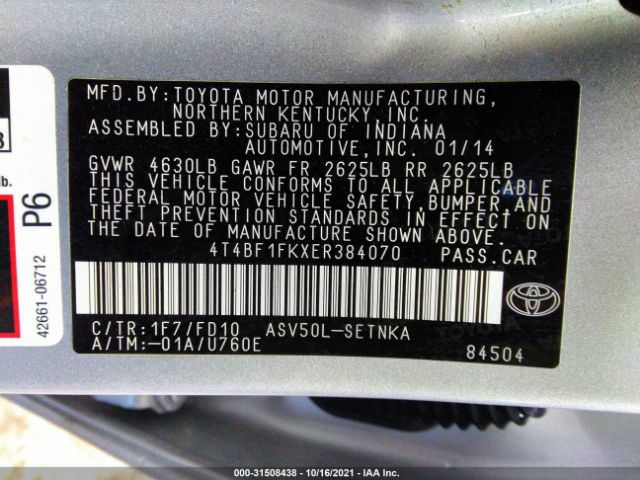 Photo 8 VIN: 4T4BF1FKXER384070 - TOYOTA CAMRY 