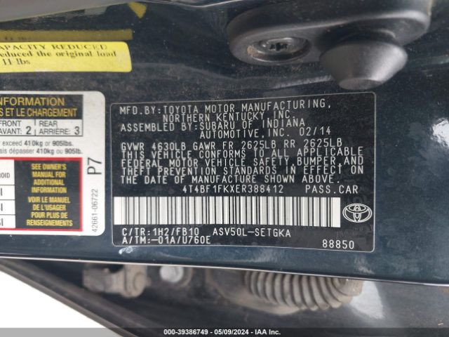 Photo 8 VIN: 4T4BF1FKXER388412 - TOYOTA CAMRY 