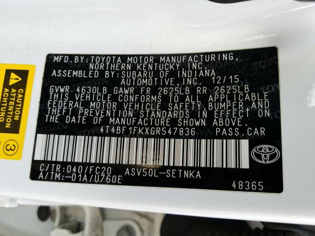 Photo 9 VIN: 4T4BF1FKXGR547836 - TOYOTA CAMRY LE 