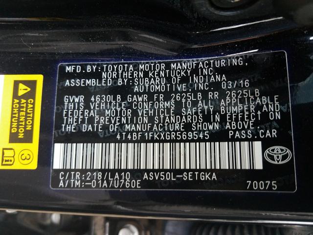 Photo 9 VIN: 4T4BF1FKXGR569545 - TOYOTA CAMRY LE 