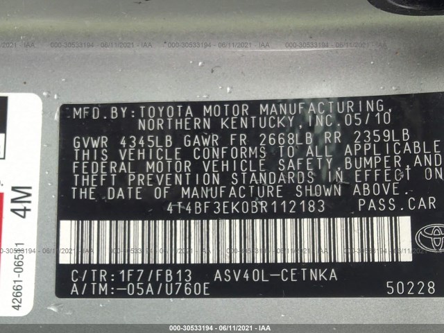 Photo 8 VIN: 4T4BF3EK0BR112183 - TOYOTA CAMRY 