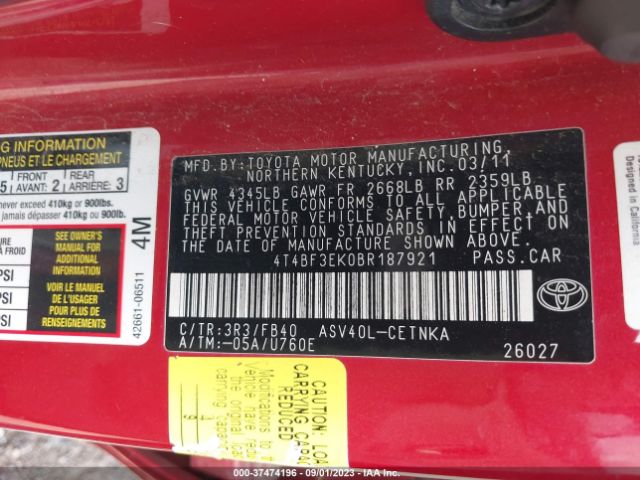 Photo 8 VIN: 4T4BF3EK0BR187921 - TOYOTA CAMRY 