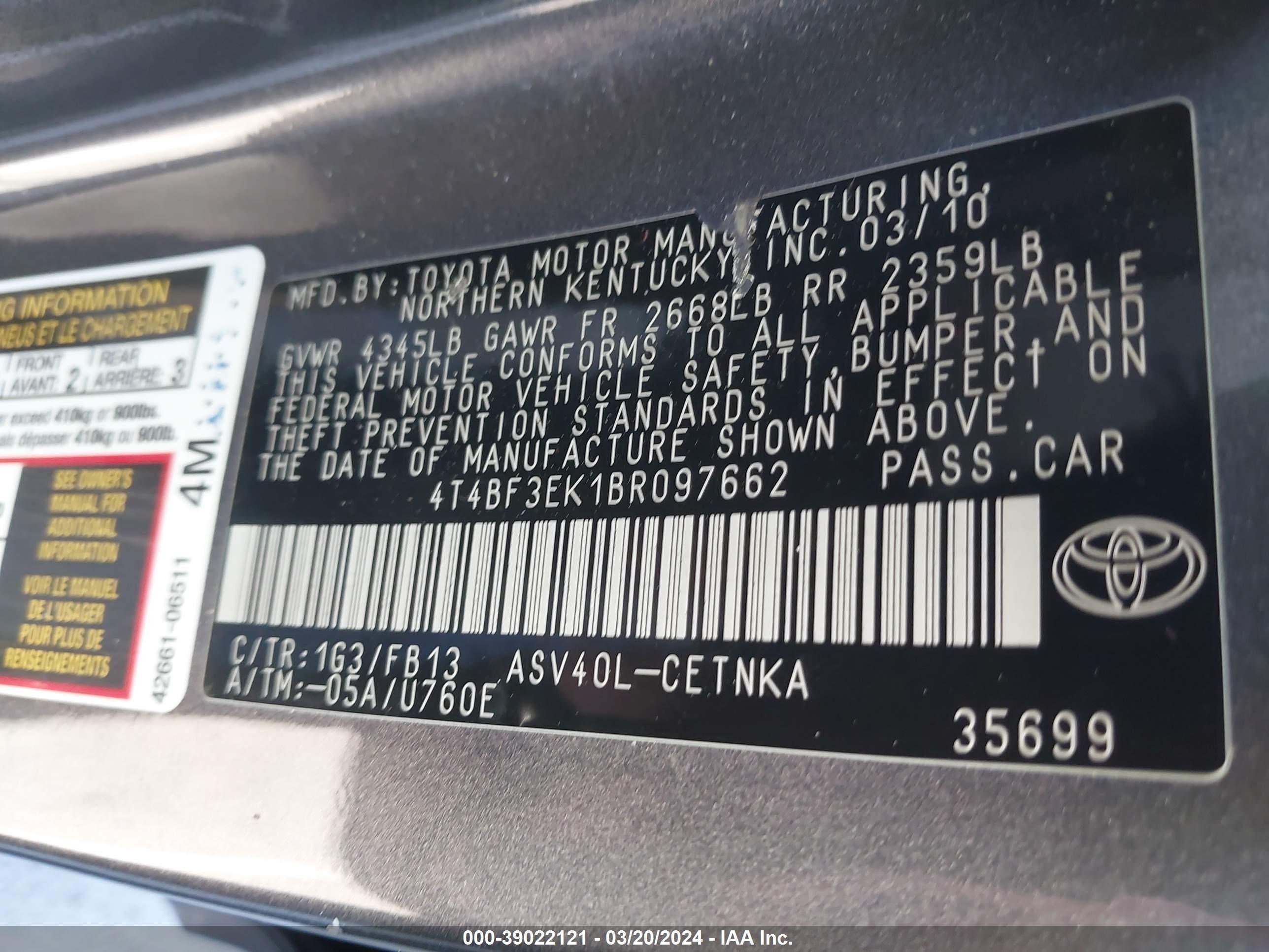 Photo 8 VIN: 4T4BF3EK1BR097662 - TOYOTA CAMRY 