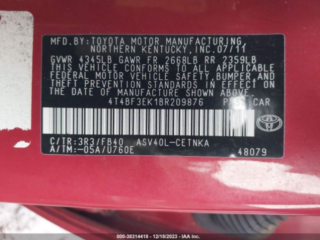 Photo 8 VIN: 4T4BF3EK1BR209876 - TOYOTA CAMRY 