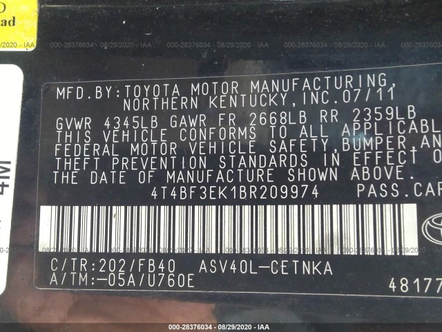 Photo 8 VIN: 4T4BF3EK1BR209974 - TOYOTA CAMRY 