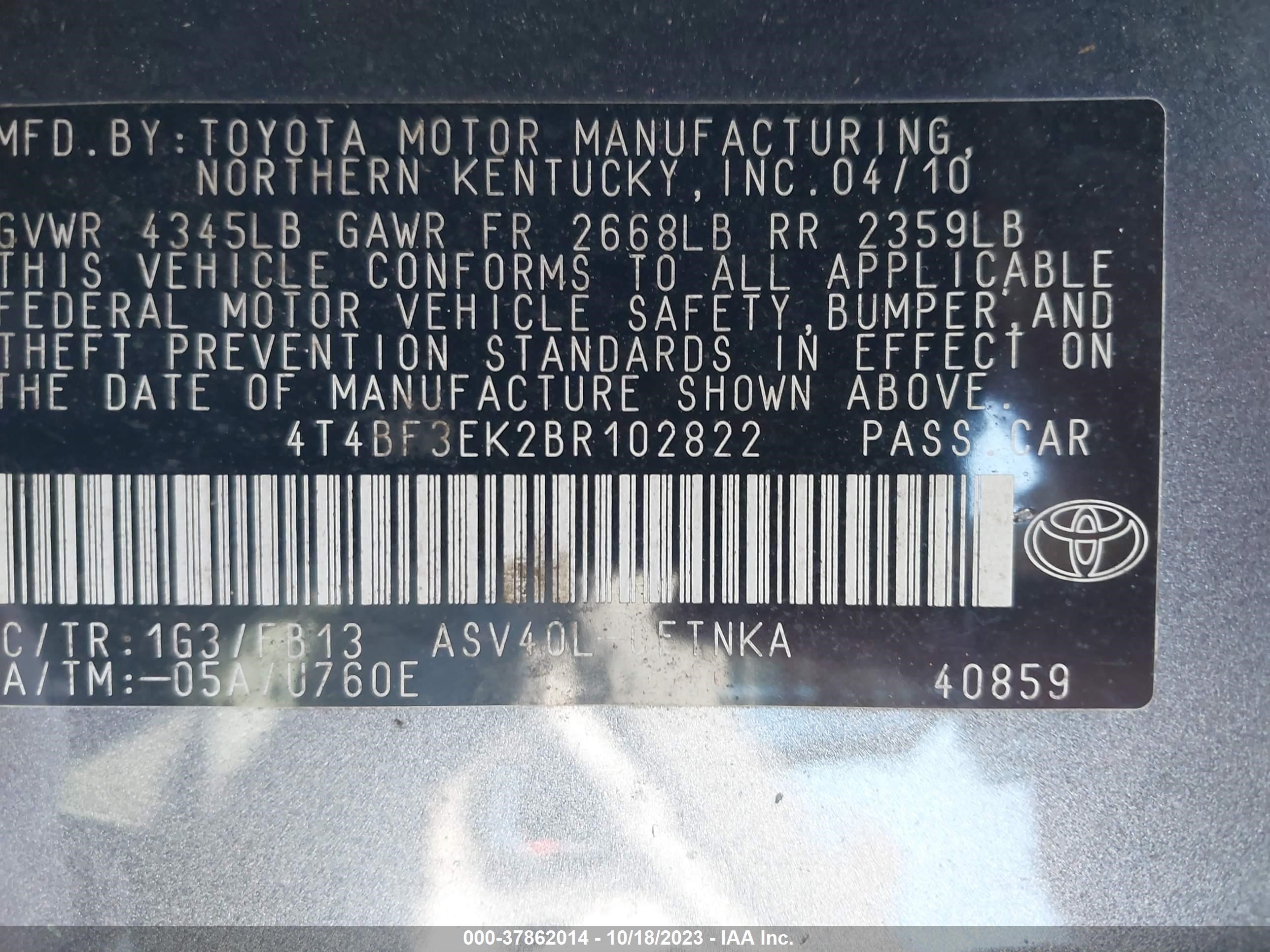 Photo 8 VIN: 4T4BF3EK2BR102822 - TOYOTA CAMRY 