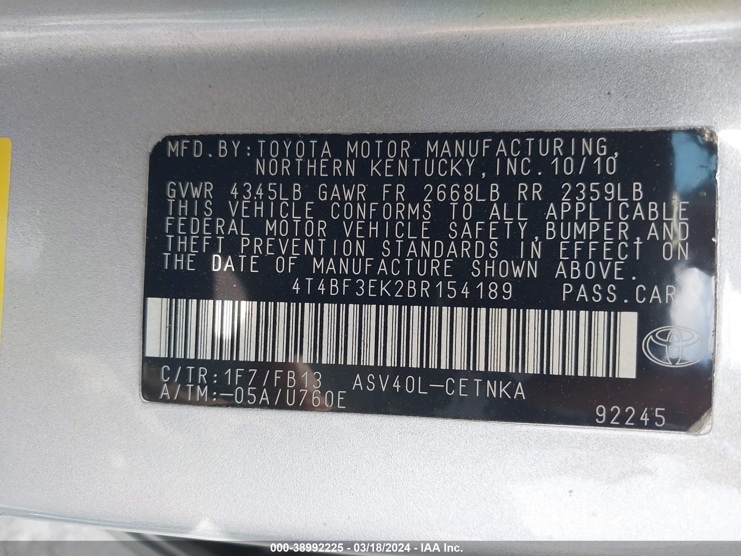 Photo 8 VIN: 4T4BF3EK2BR154189 - TOYOTA CAMRY 