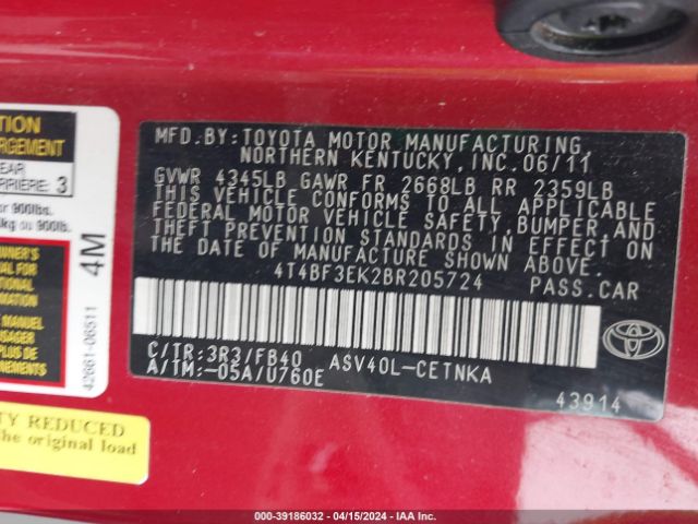 Photo 8 VIN: 4T4BF3EK2BR205724 - TOYOTA CAMRY 