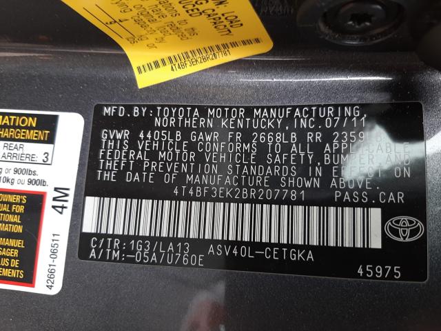 Photo 9 VIN: 4T4BF3EK2BR207781 - TOYOTA CAMRY BASE 