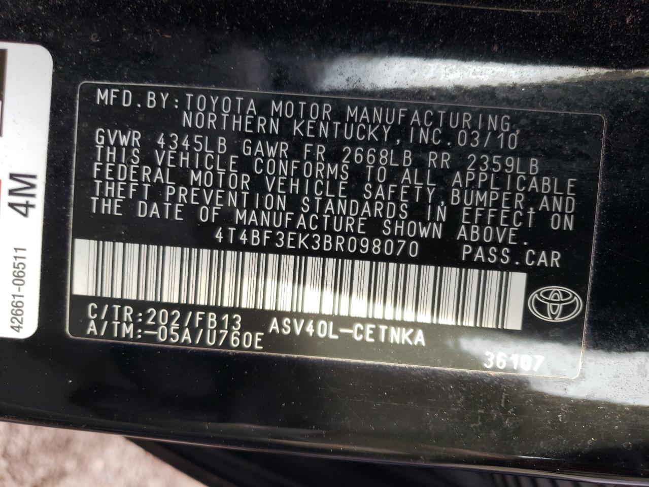 Photo 11 VIN: 4T4BF3EK3BR098070 - TOYOTA CAMRY 