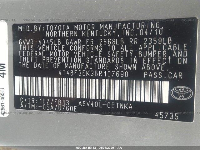 Photo 8 VIN: 4T4BF3EK3BR107690 - TOYOTA CAMRY 