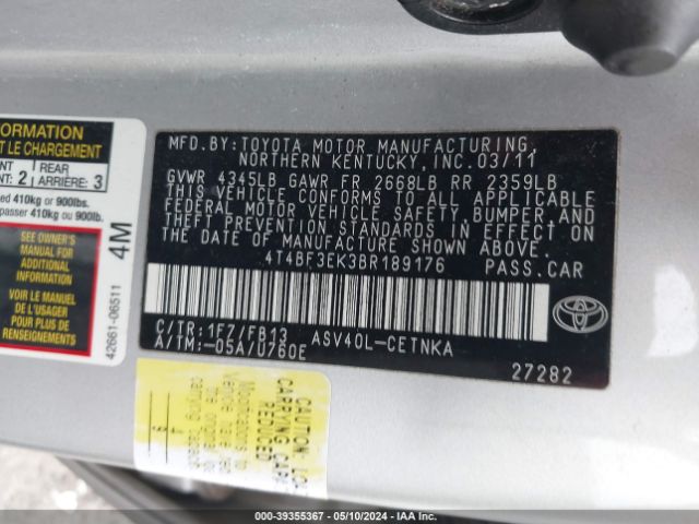 Photo 8 VIN: 4T4BF3EK3BR189176 - TOYOTA CAMRY 