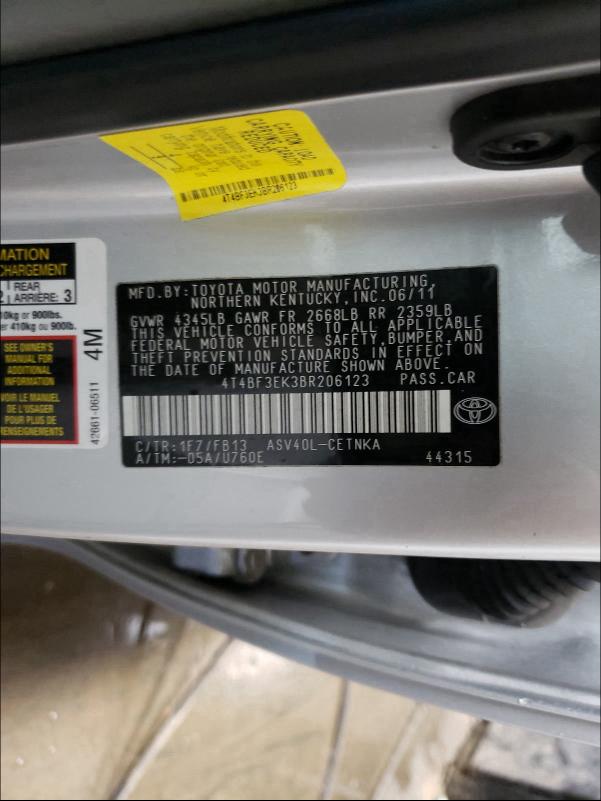 Photo 9 VIN: 4T4BF3EK3BR206123 - TOYOTA CAMRY BASE 