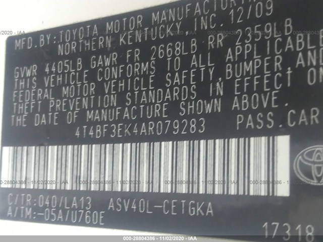 Photo 8 VIN: 4T4BF3EK4AR079283 - TOYOTA CAMRY 