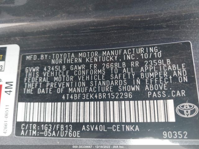 Photo 8 VIN: 4T4BF3EK4BR152296 - TOYOTA CAMRY 