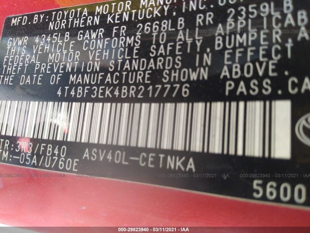 Photo 8 VIN: 4T4BF3EK4BR217776 - TOYOTA CAMRY 